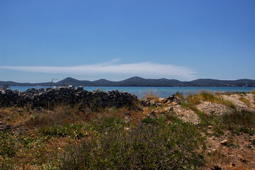 Landscape with mountains and blue sky background