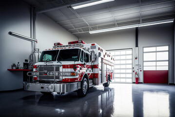 Fire department apparatus bay, garage, fire engine. Generative AI