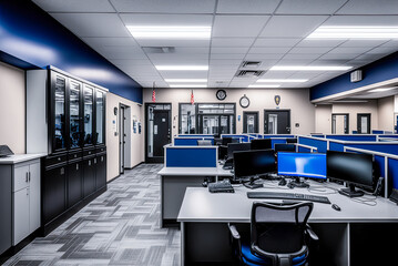Police station interior, office, computers. Generative AI