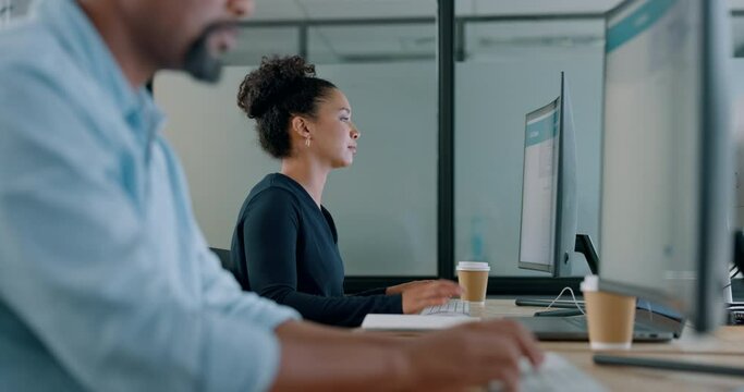 Business, woman and typing in office, focus or digital marketing for company deal, sales growth and admin. Man, employee or administrator with computer, search online or corporate worker in workplace