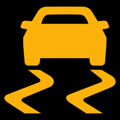 Amber vector graphic on a black background of a dashboard warning light for the traction control system