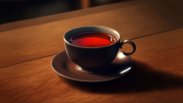 Fresh Glass of Red Tea in tea glass on a wooden table, tea saucer, infusion tea, dark background, focus on drink, tea leaves, tea flowers, brewing tea, cinematic lighting