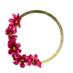 Watercolor hand drawn cosmea flower gold frame in trendy color viva magenta. Elements isolated on white background