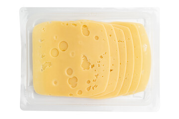 cheese slices isolated on white background, sliced cheese in plastic package, pieces of sliced gouda cheese laid out to create layout