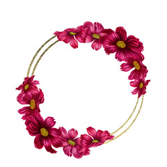 Obraz premium Watercolor hand drawn cosmea flower and gold round frame in trendy color viva magenta. Elements isolated on white background