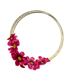 Watercolor hand drawn cosmea flower  and gold round frame in trendy color viva magenta. Elements isolated on white background