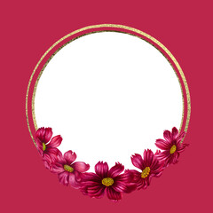Watercolor hand drawn cosmea flower  and gold round frame in trendy color viva magenta. Elements isolated on white background