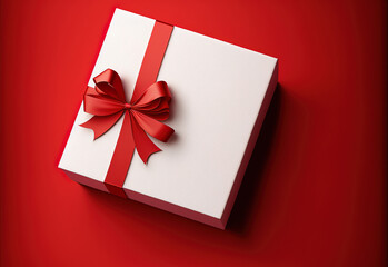 2023 is coming out of a white gift box tied with red ribbon on red background. Horizontal composition with copy space. Directly above. Great use for Christmas related gift concepts. Generative AI