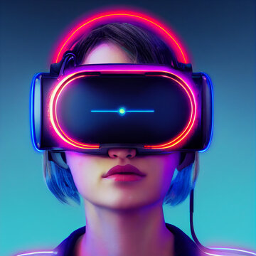 Woman wearing virtual reality vr headset portrait