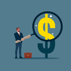 Businessman investor holding a magnifying glass analyzing dollar prices. Revenue growth or investment profit. Flat vector illustration.