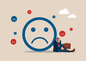 Young man or businessman sitting stressed. Burnout from tiring work or demotivation from failure. Flat vector illustration