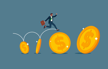 Businessman running on gold coins arranged in a row. Extensive financial or economic growth. Profit from the stock market or investment. Flat vector illustration.