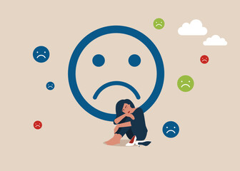 Young woman or businesswoman sitting stressed. Burnout from tiring work or demotivation from failure.