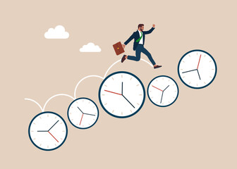Businessman running on group of time clocks. Manage time for rush. Flat vector illustration