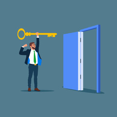 Businessman holding key open door to path to career success. Key success to career. Dream job. Opportunity for promotion or new job.  Flat vector illustration