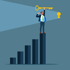 Businessman climb the stairs to put a key in its place as an problem solution. Modern flat vector illustration.