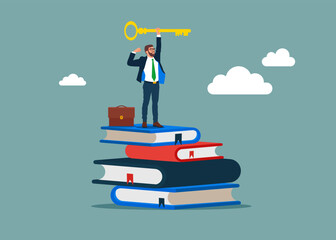 Key of knowledge and learning. Business book. Modern flat vector illustration.