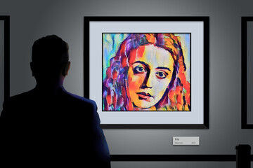 A watercolor painting is framed, matted and hanging in a public art gallery was a man admires the artwork. This is a 3-d illustration about art galleries and watercolor paintings.