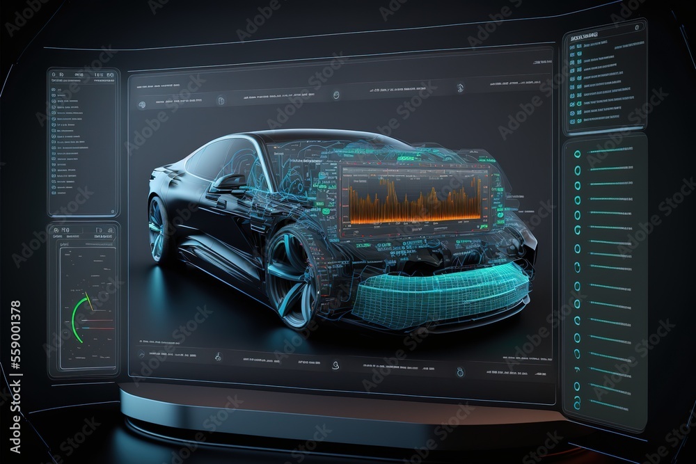 Poster diagnostic auto in hud style. scan automobile in 3d visualisation hologram. 3d illustration