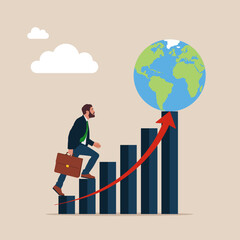 Fototapeta premium Businessman climbs the stair to achieve world success. Modern flat vector illustration.