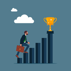Businessman go to victory. Success achievement.  Desire to win. Way to victory. Man on diagram goes up to the golden cup. 