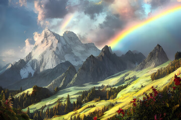 sunrise in the alps mountains color illustration with rainbow.