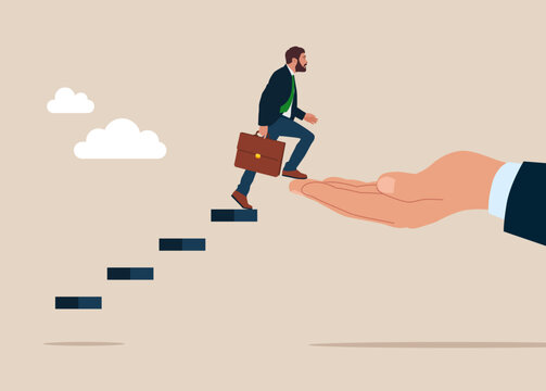 Businessman start climbing stair for successful career achievement. Future success. first step. Flat vector illustration.