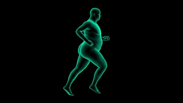 Overweight man running and losing weight concept of physical activity and weight loss side view 3d animation
