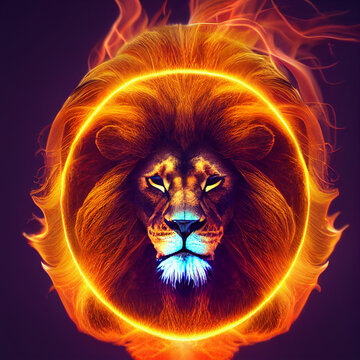 Lion with mane made of fire, creative illustration