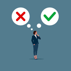 Thinking businesswoman with speech bubbles choosing option between yes and no. Choice, problem and decision concept. Modern flat vector illustration.