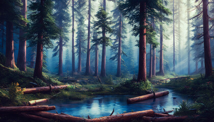 Majestic summer landscape painting featuring felled trees, snowy branches, and a peaceful atmosphere. Generative AI