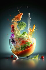 AI-generated illustration of salad makings falling into a glass salad bowl. MidJourney.