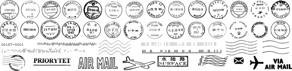 Vector set cancellation postal stamps from different countries, envelope and parcel stamps