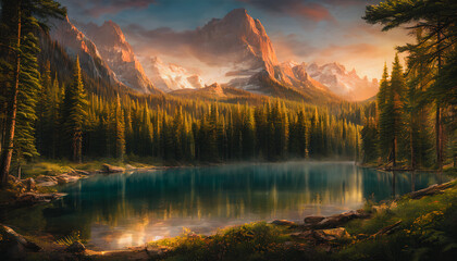 The painting depicts a springtime lake surrounded by a forest, capturing the serene and peaceful atmosphere of the season. Generative AI