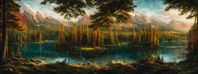 The painting depicts a springtime lake surrounded by a forest, capturing the serene and peaceful atmosphere of the season. Generative AI