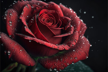 Close-Up Photography of Red Rose Flower With Water Drops. Romantic valentines concept of love. Beautiful abstract background wallpaper. Copy space. Generative ai