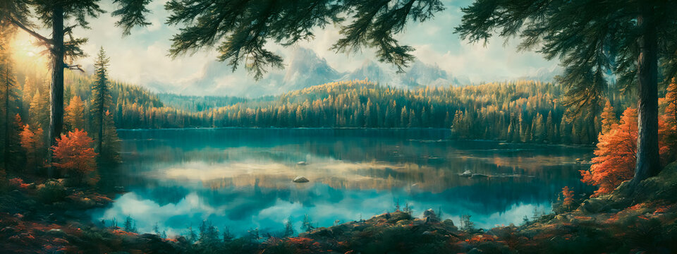 The painting depicts a springtime lake surrounded by a forest, capturing the serene and peaceful atmosphere of the season. Generative AI