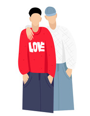 Two men embrace. A pair of men on a white background.