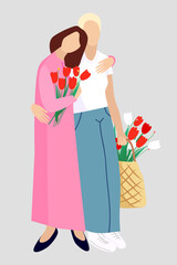 Women with flowers. Two women are hugging. Romantic illustration.