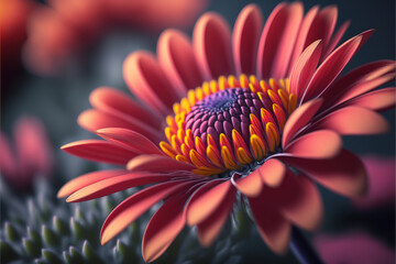 Pink Red Yellow Petaled Flower in Close Up Shot. Abstract flower background. Love concept. Valentines, birthday, wedding, celebration, background copy space. Generative ai