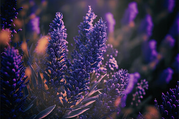 Purple lavender flowers with Light leaks and blurred nature background with copy space. lavender in the spring morning. Valentines love concept. Wedding invitation background. Generative ai
