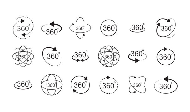 360 degrees view vector icons set. Signs with arrows to indicate the rotation or panoramas to 360 degrees. Virtual reality icons. Rotate symbol isolated in white background. Vector illustration.