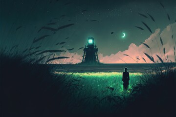 Naklejka na ściany i meble A man looks at a mystical lighthouse
