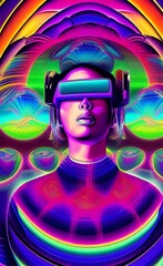 Virtual Reality of Meta Universe. A girl in Virtual Reality glasses as a symbol of future technologies on a bright abstract psychedelic background. AI-generated digital illustration