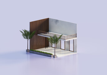 3D Rendering Empty Interior Room Design In Isometric View
