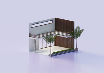 3D Rendering Empty Interior Room Design In Isometric View