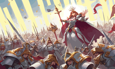A jubilant army of knights in plate armor with swords and shields responds to the cry of their holy leader, she is a woman with a huge sword and a long cloak hovering in ozduh like an angel. 2d art