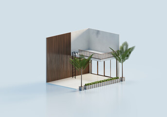 3D Rendering Empty Interior Room Design In Isometric View