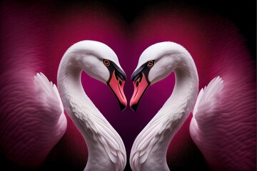 Two white swans Valentine love heart kiss on a magenta background, landscape, generated ai art