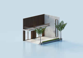 3D Rendering Empty Interior Room Design In Isometric View